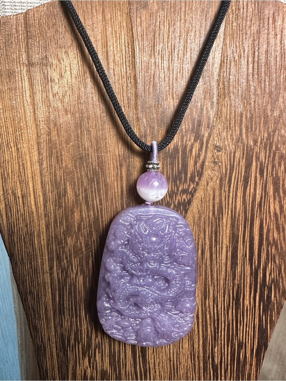 Lavender Carved Ocean Jasper Dragon Pendant Necklace with Half Bowl Amethyst - Picture 4 of 16